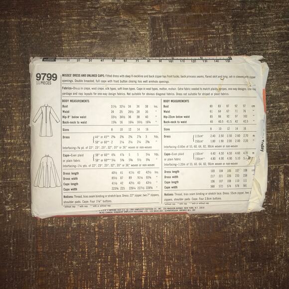 VTG Simplicity Sewing Pattern 9799 Dress Unlined Cape Pauline Trigere 12 UNCUT - Picture 2 of 3